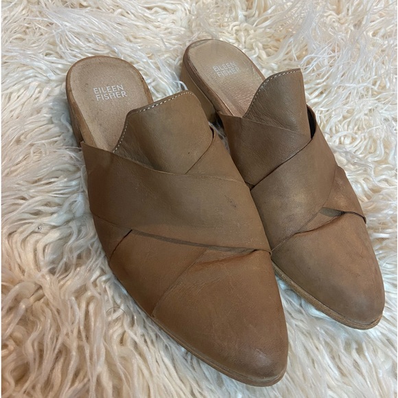Eileen Fisher Bauer Tumbled Nubuck Mule Tan Leather Crisscross Flat Slide Size 9 - Picture 2 of 8